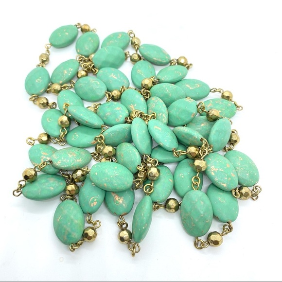 Turquoise & Gold Colored Acrylic Beads Super Long Necklace - Picture 3 of 6